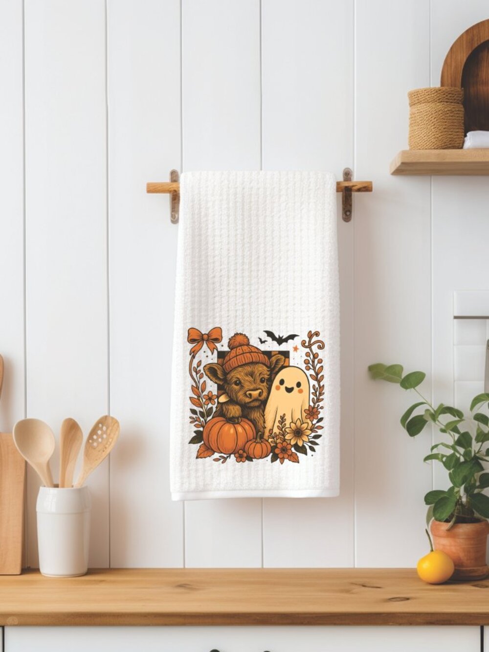 Highland Cow and Ghost Decorative Kitchen Tea Towel